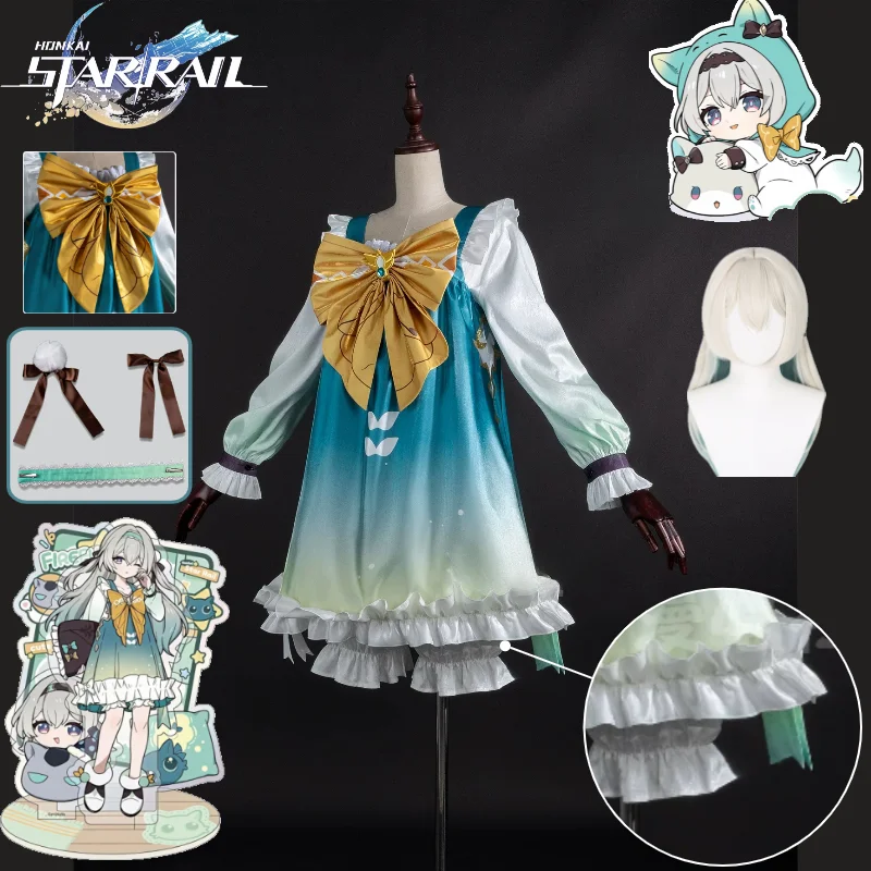 Honkai: Star Rail Firefly Cosplay Costume Girls' Dorm Series Mint Green Cute Pajamas Soft Firefly Girl Loungewear Wig for Party