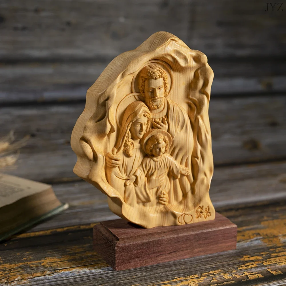 Religions Wooden Carving Holy Family Statue of Jesus and Mary Home Decor