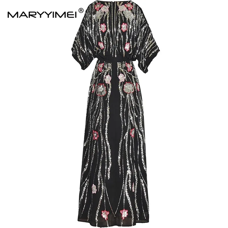 MARYYIMEI Fashion Design Spring Summer Women\'s Batwing V-Neck Batwing Sleeve Sequins Embroidery Beading Streetwear Dresses