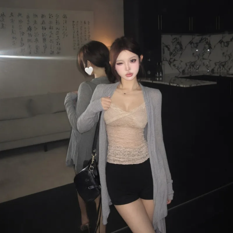 Sexy Lace Open Cardigan And Strap Two-Piece Set for Women Slimming Design Short Length V-Neck Long Sleeve Commute Style
