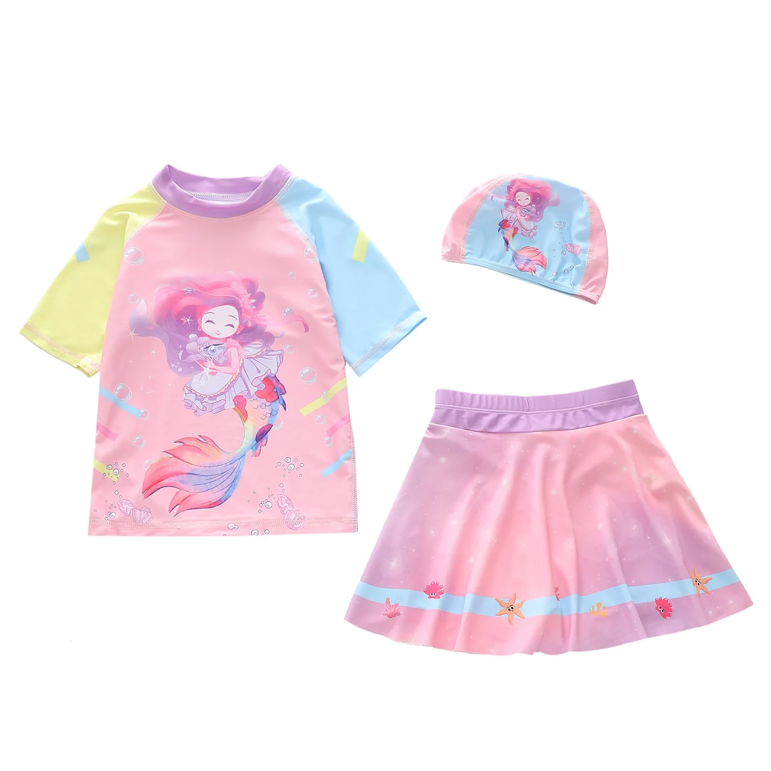 

HappyFlute New 3 Piece Sets Short Sleeve With Skirt Mermaid Prints Girl Beach Sun Protection Quick Drying Swimsuit