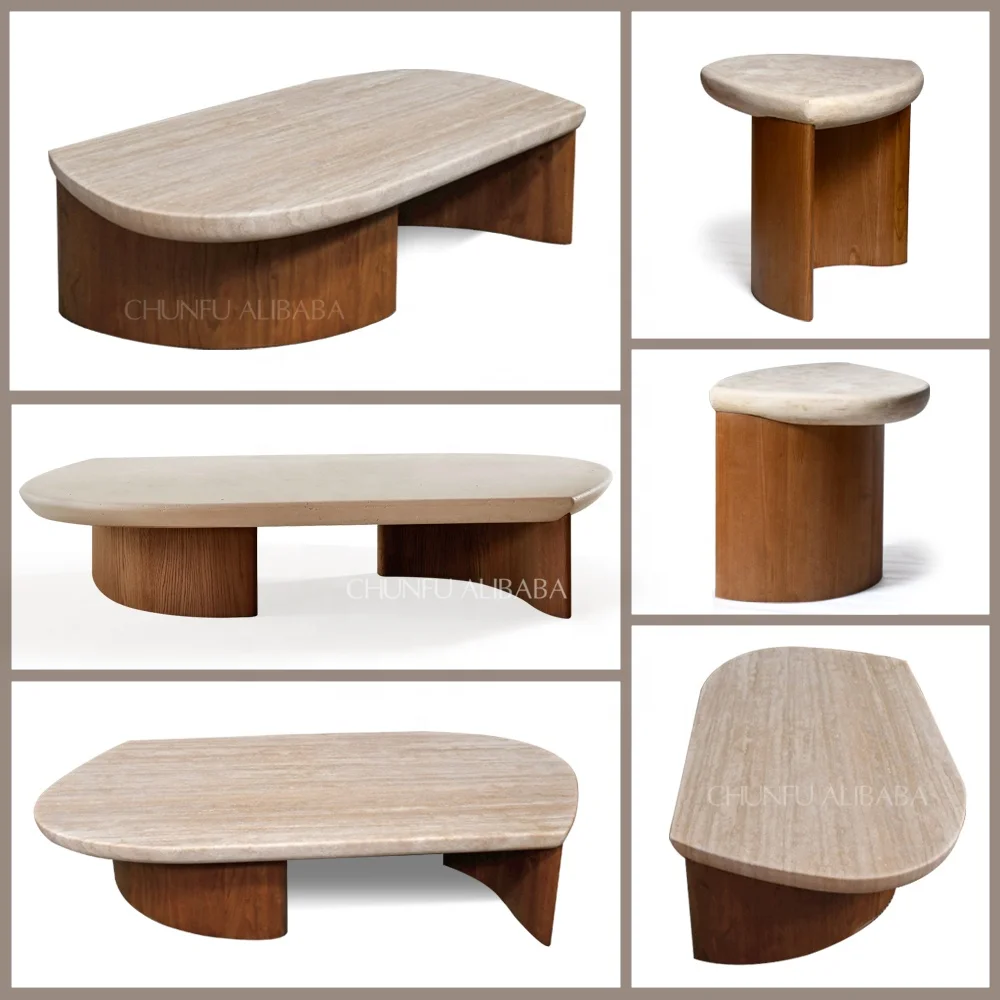 Nordic Style Solid Wood Coffee Table Natural Marble Stone Top Travertine Side Table Limestone Wooden Base For Home Furniture