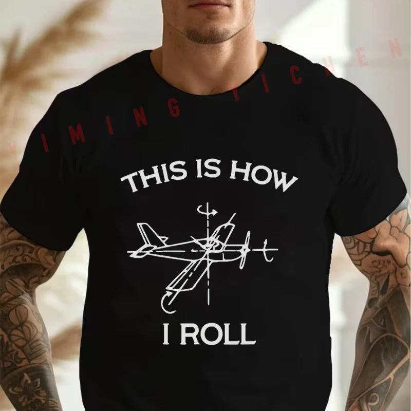Men's Black Airplane Pilot Flying Airplane Print Motorcycle Cotton T-Shirt Men's Summer Casual O-neck Short Sleeve Tees