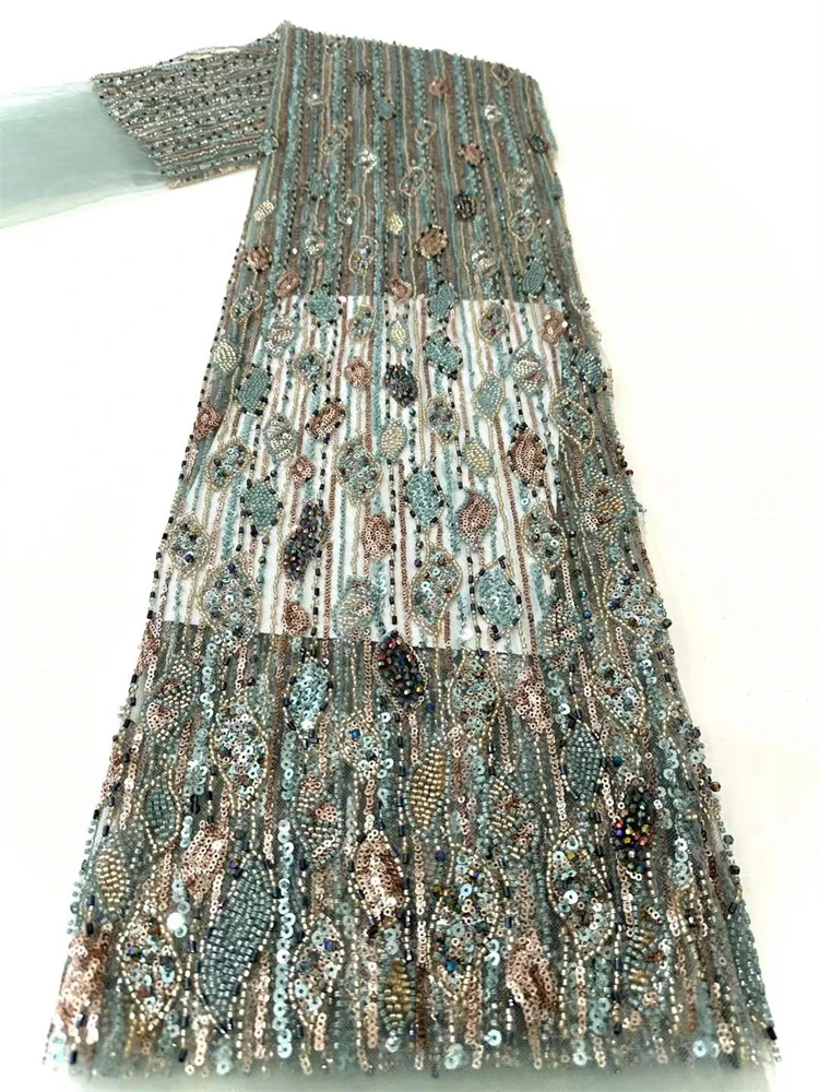 

New Arrival African Heavy Beaded Tulle Lace Fabric 2025 High Quality 5 Yards Sequins French Tulle Lace for Wedding Party Dresses