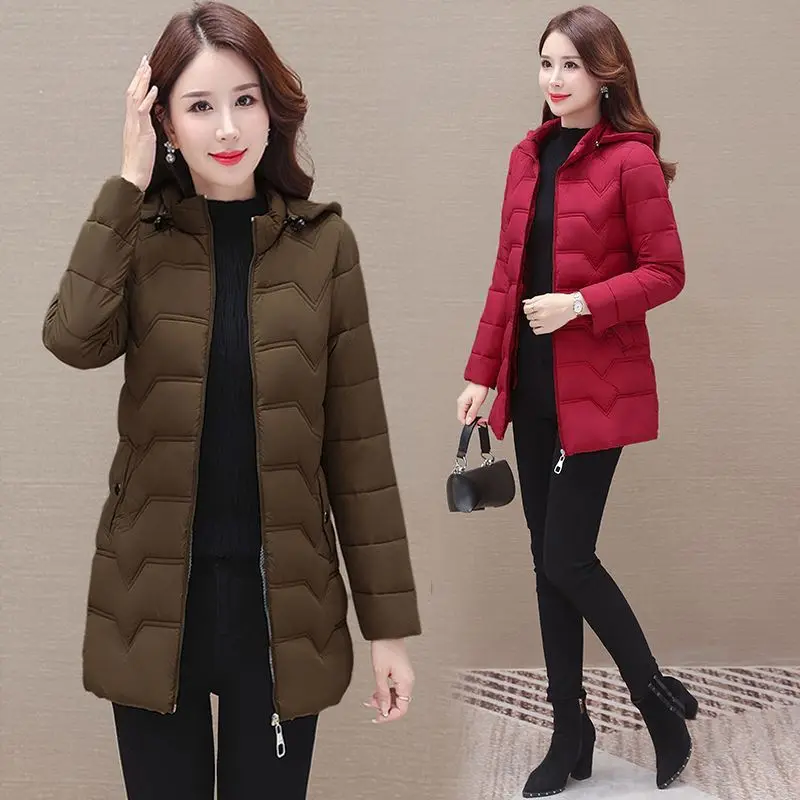 Winter Mid Length Hooded Jacket Women\'s Lightweight Slim Fit Down Cotton Coat Korean Fashion Mom Elegant and Generous Parkas