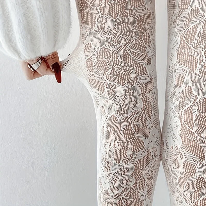 1pc New Vintage Sexy Stockings, Floral Jacquard White Pantyh