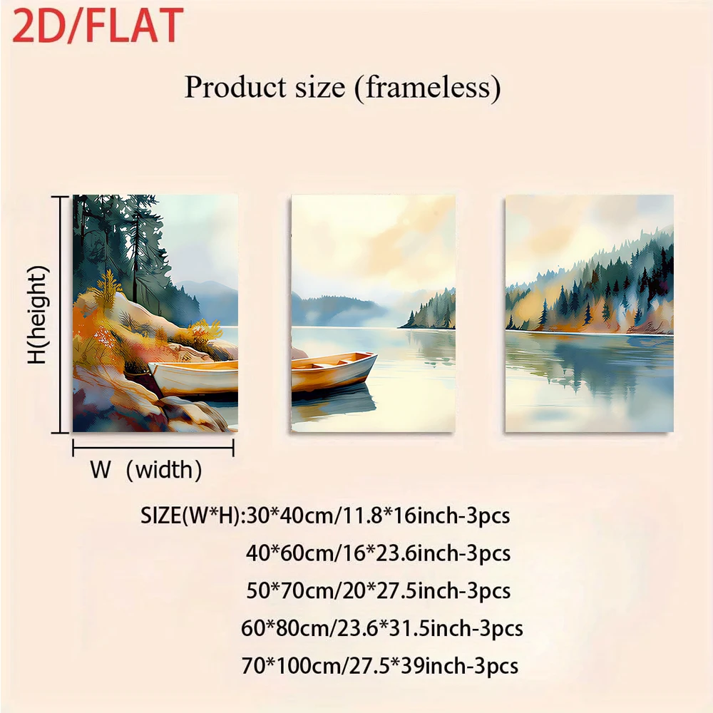 1 set of three frameless decorative paintings depicting landscapes of mountains, lakes, and small boats in a modern 2D format.
