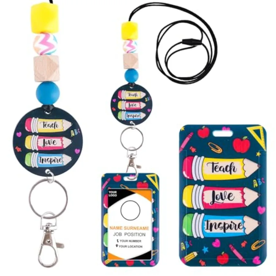 

Teacher Lanyards for ID Badges - Cute Pencil Silicone Beaded Breakaway Keychain Accessories Teacher ID Badge Holder with Lanyar