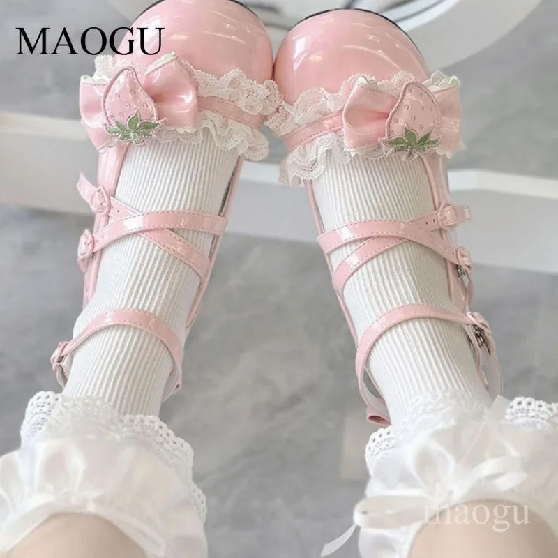 Women's Sweet Lolita Mary Janes Strawberry Bow Lace Chunky Block Heel Shoes Kawaii Dress Shoes 메리제인슈즈 Size 35-40 Туфли Лолита
