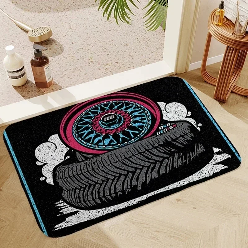 Pink Blue BBS Tire Wheel Print Doormat Non Slip Car Tuning Bathroom Entry Floor Mat