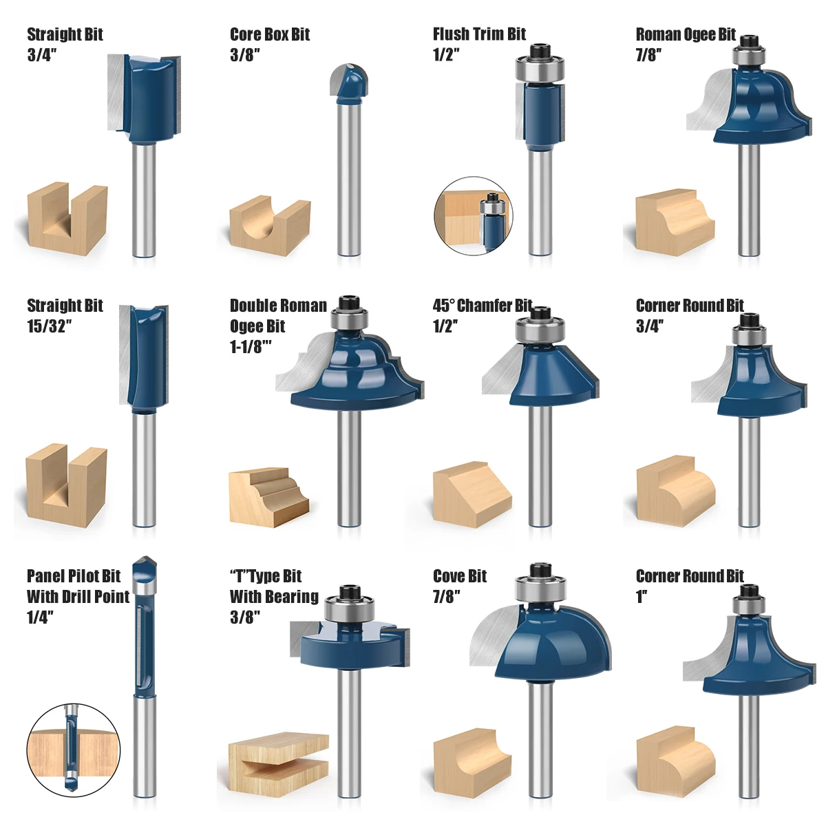 6mm 1/4in Shank Router Bits Set Trimming Straight Round Corner Cove Box Milling Cutter Tungsten Carbide Woodworking Tools