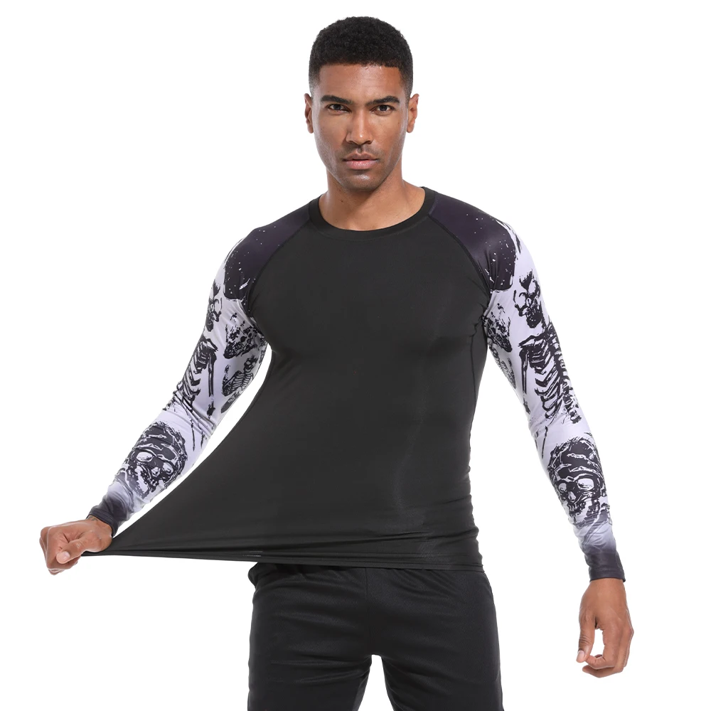 Men\'s Compression Shirt 3D Printed Long Sleeves Quick Drying Breathable Rash Guard Sports Jogging Gym Athletic Fitness Clothing