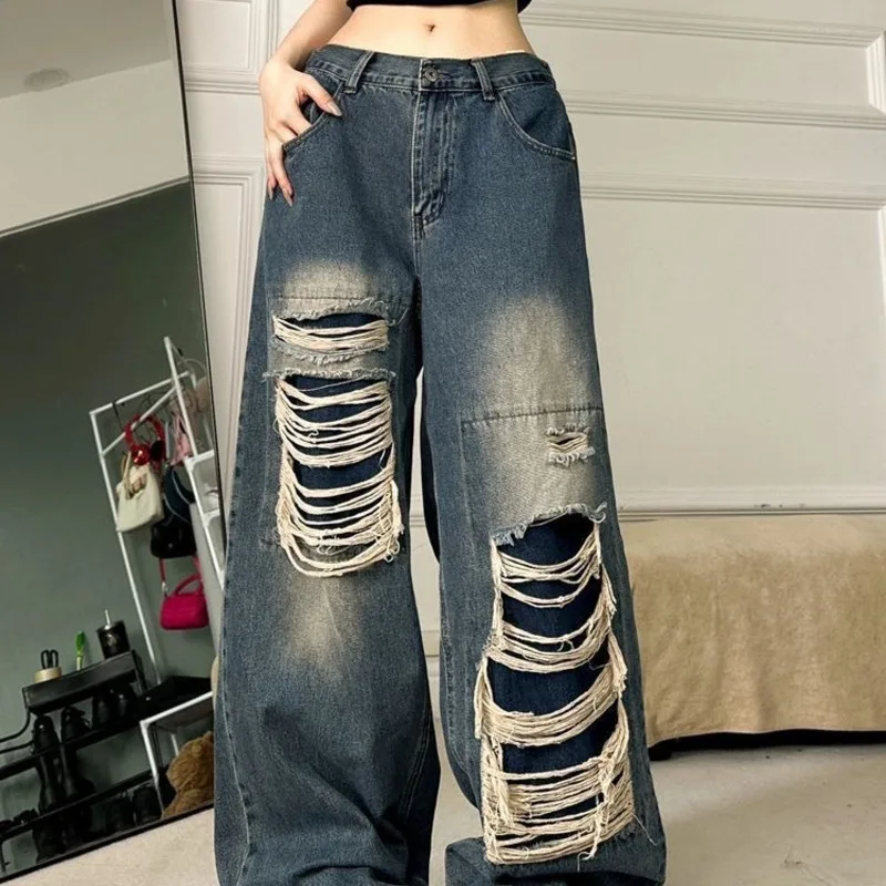 Denim Pants Y2K Streetwear Pants Girl High Waist Ripped Wide Leg Jeans Vintage Distressed Baggy Denim Trousers 4 Season Fashion