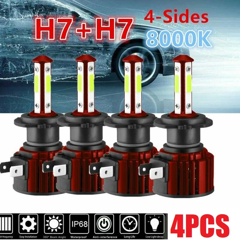 4X 4-Sides H7+H7 Combo LED Headlight Bulb Kit 8000K Blue Hi&Lo Beam 30000LM