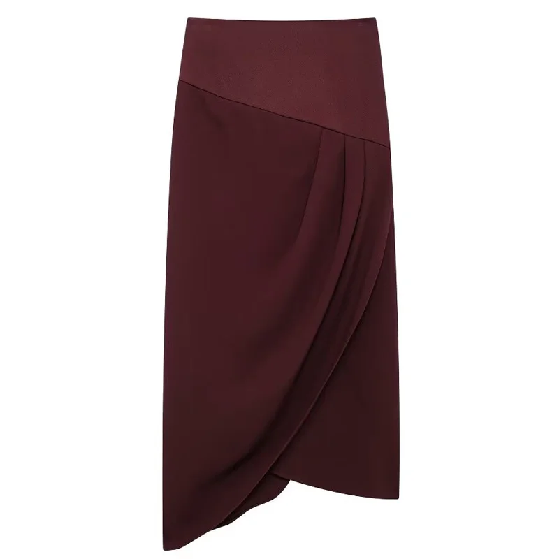 TRAF Women\'s Skirt Burgundy Long Skirt Summer Autumn Ruched Wrap Skirt Women Asymmetric Ruffled Elegant High Waist Long Skirts