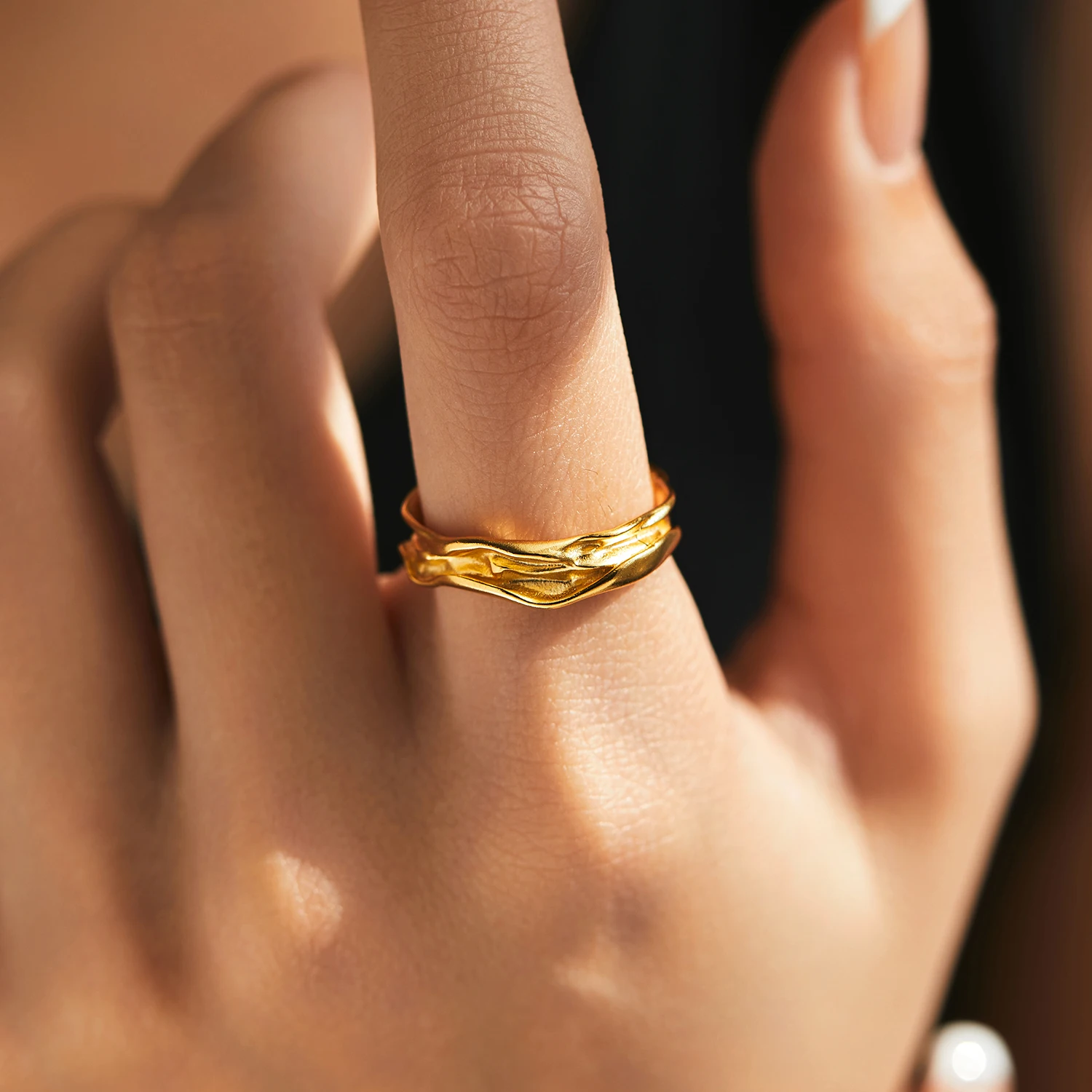 MODIAN 925 Sterling Silver Geometric Lines Texture Open Size 6-9 Finger Rings Trendy Gold Color Stackable Fine Jewelry For Women