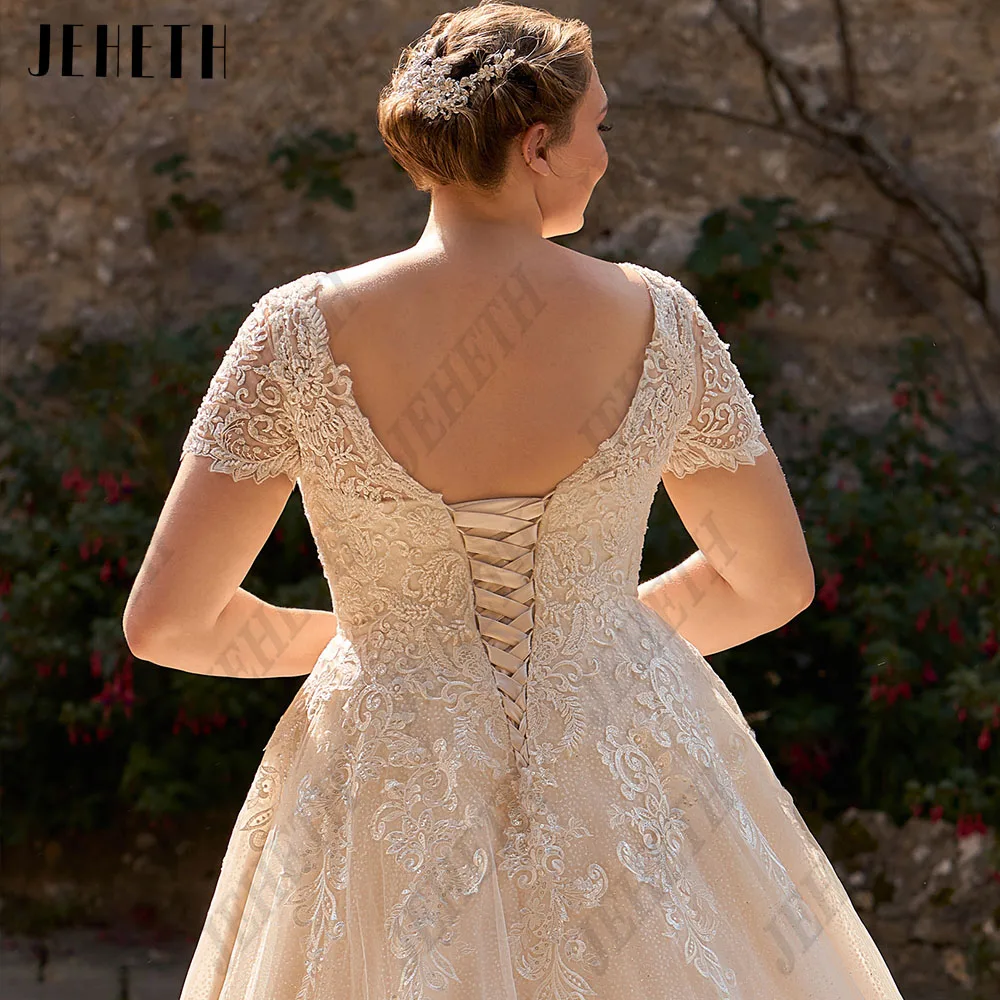 JEHETH Elegant Short Sleeves Wedding Dresses Plus Size For Woman Lace Up Back V-Neck Bride Gowns A-Line Tulle vestidos de novia