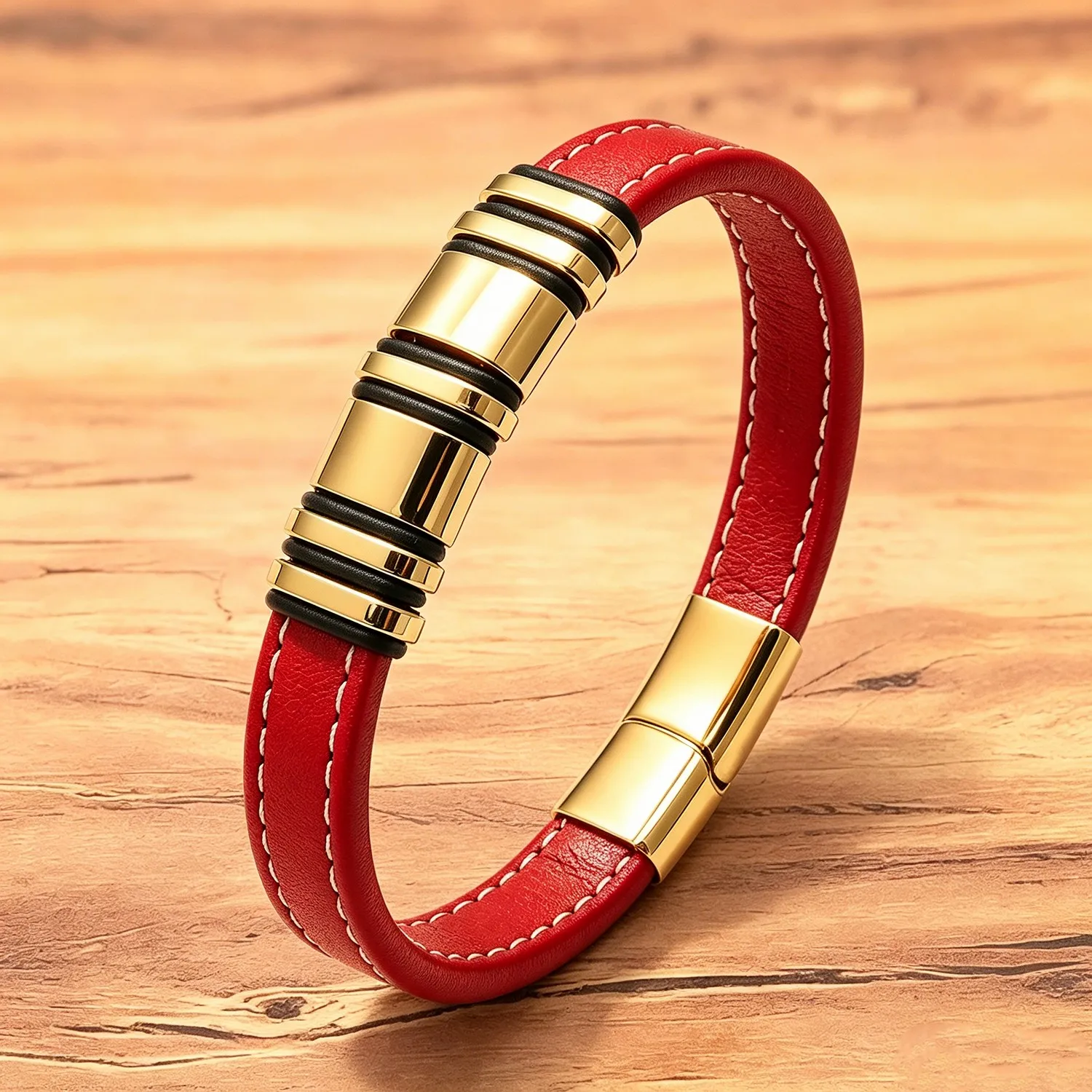 Luxury Men's Red Leather Wristband – Gold Silver Stainless Steel Beads, Secure Magnetic Clasp Trendy Gift for Boyfriend