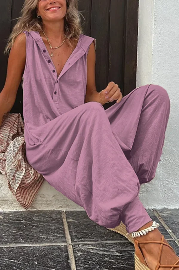 Beach Cross-pants Playsuit Fashion Loose Solid Sleeveless Hooded Romper Streetwear Vintage Button Jumpsuit Summer Women Causal