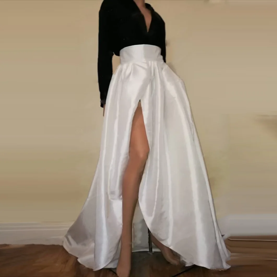 

White Satin Long Skirts Faldas Saia Elegant A Line Wedding Prom Skirts For Women Party Skirt Sexy High Split Floor Length Skirt