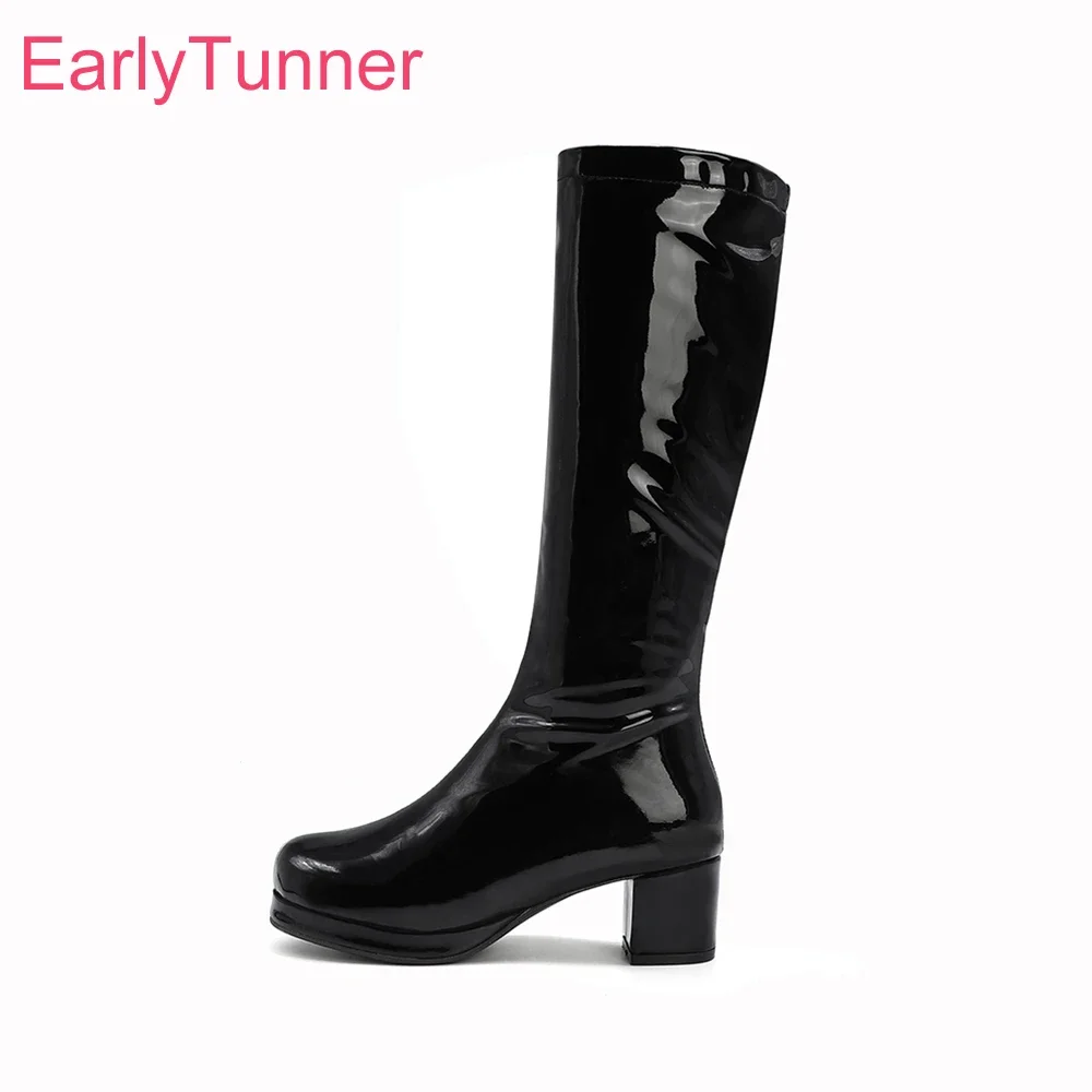 

Winter New Glossy Black Purple Women Mid Calf Platform Boots 2 inch Heels Lady Nude Shoes Plus Small Big Size 10 30 43 48