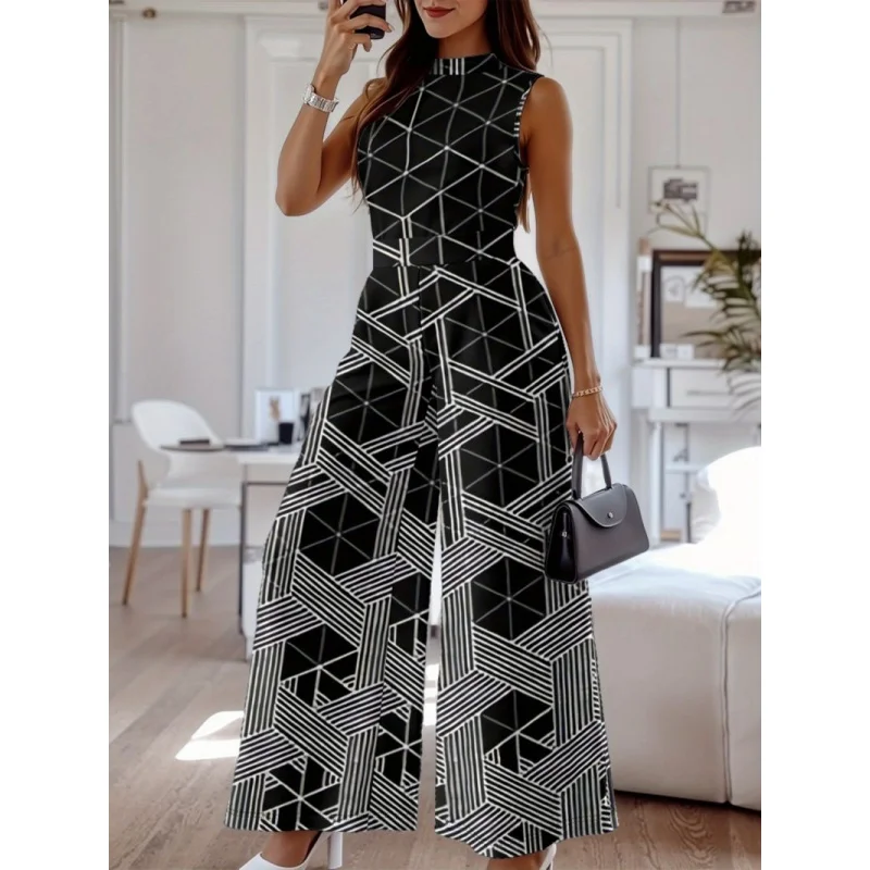 

European and American Foreign Trade Women's Fashion European Station Summer Printed Waist-Cinching Mid-Length Camisole Jumpsuit