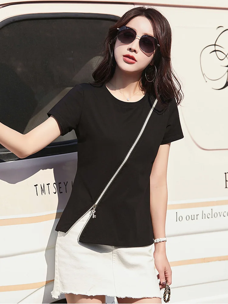 New Women Cotton T-shirt Summer Fashion Zipper Design O-Neck Short Sleeve Slim Tees Tops Simplicity Casual Basic T-shirt Orange