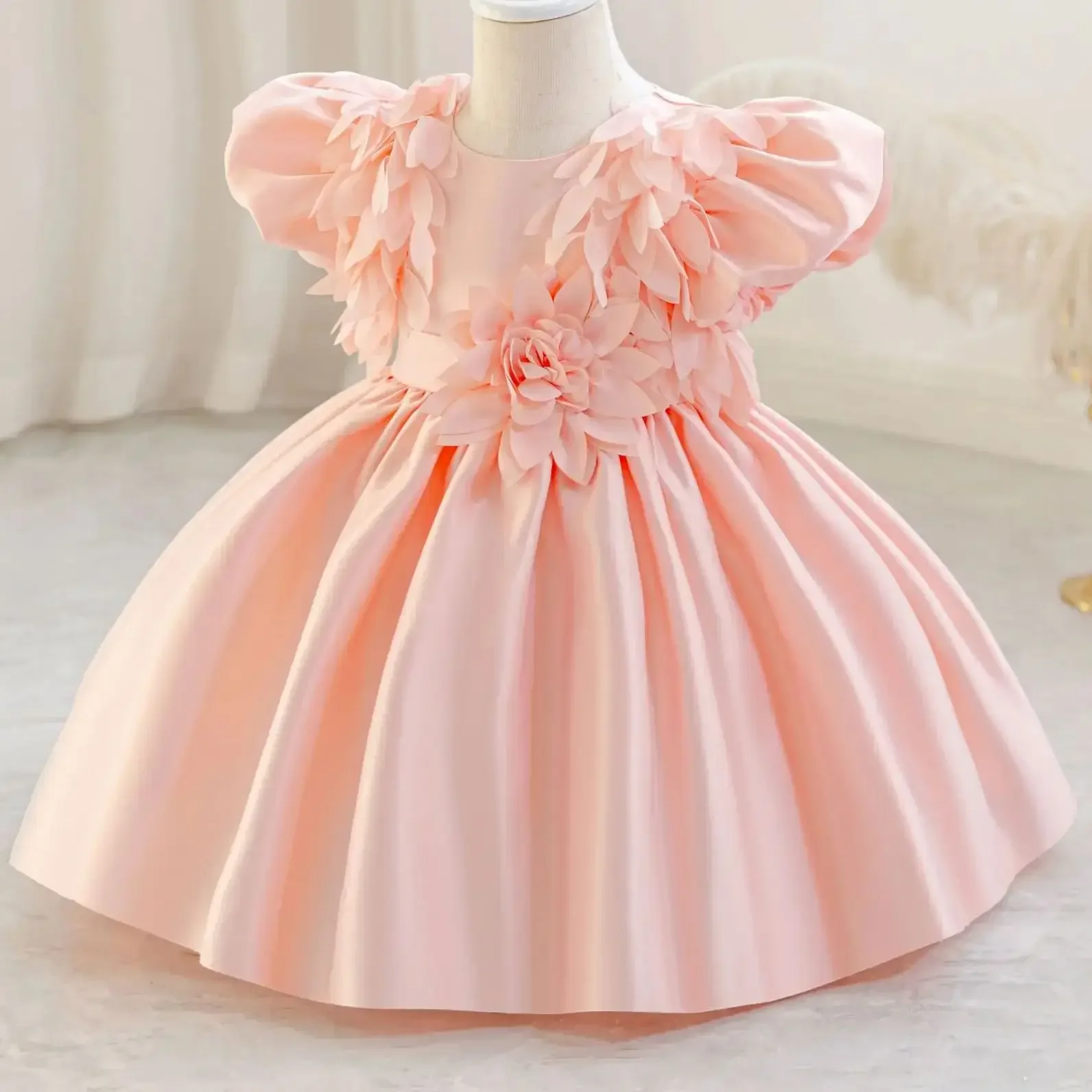 Leaf Appliques Baby Party Dress Casual Satin Kid's Princess Gown for Girls Ages 1-4 Young Child Clothes
