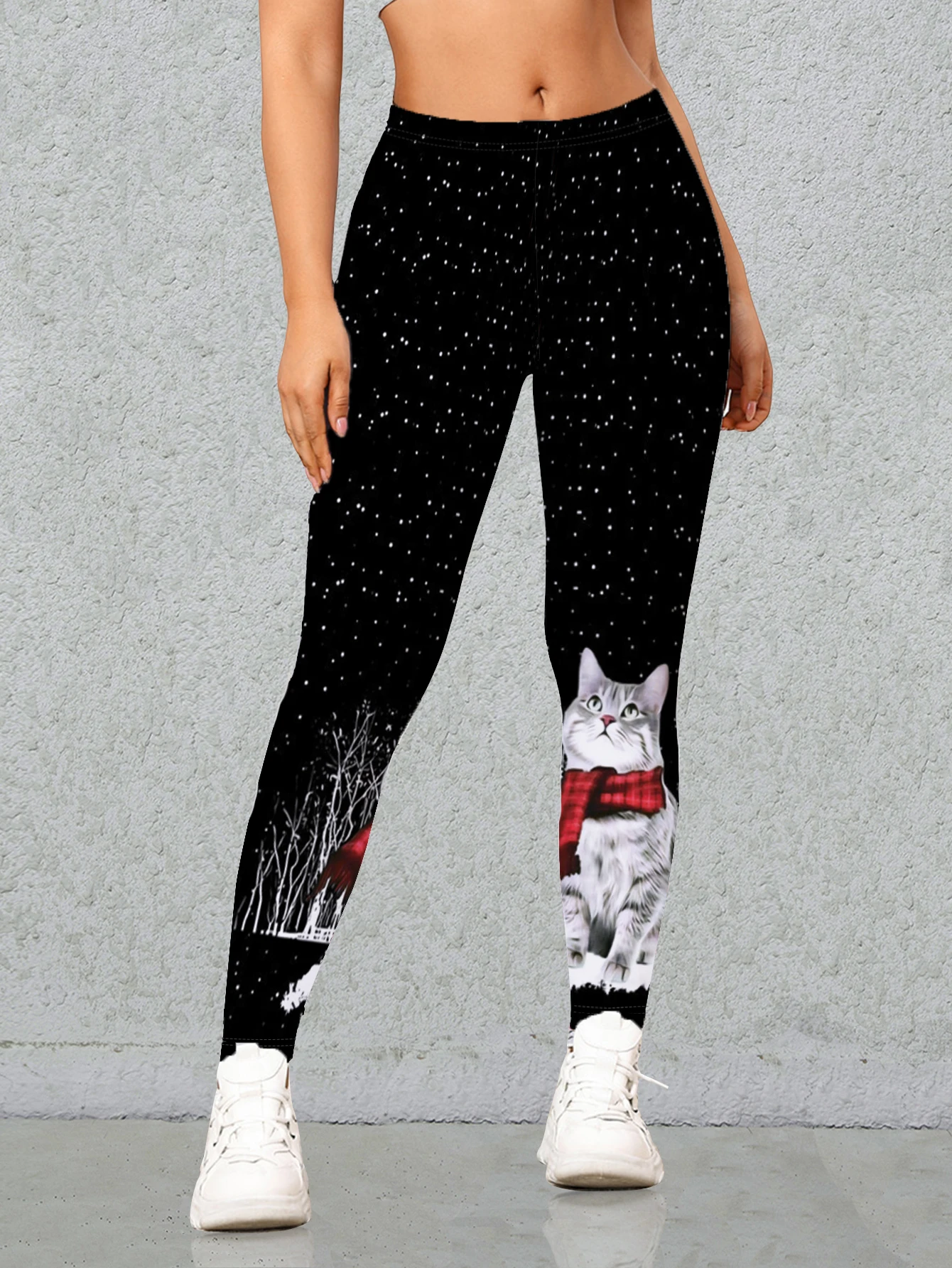 New Spring Autumn Christmas Elements Printed Nine-point Pants Kitten Digital Printed Leggings Slim Nine-point Pants Women