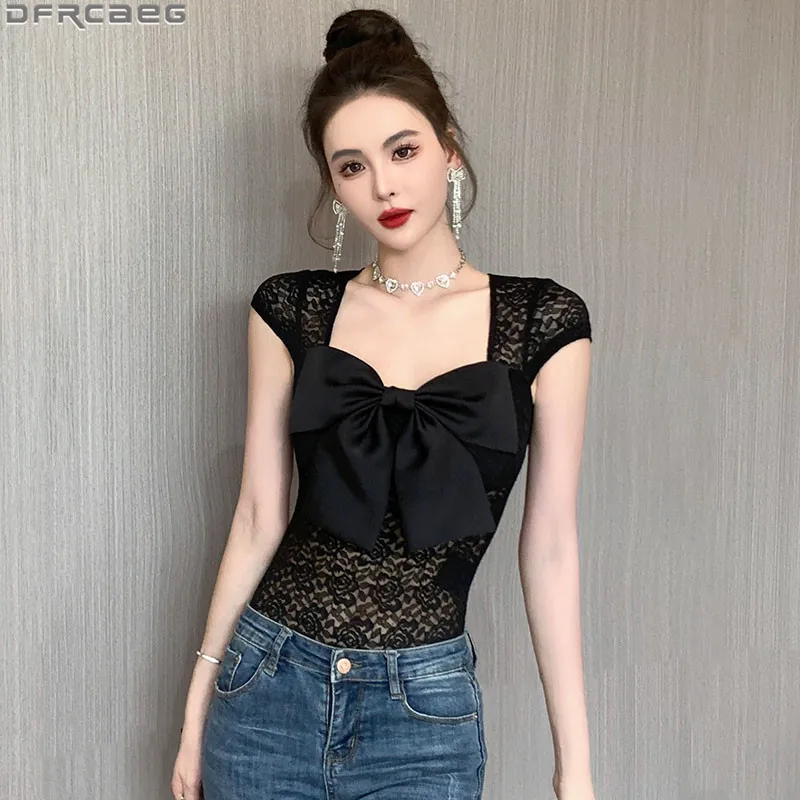 

Summer Sexy Black Lace Blouse Women Fashion Korean Style Short Sleeve Tunic Tops Female Bow Floral Pattern Slim Tight Bodysuits