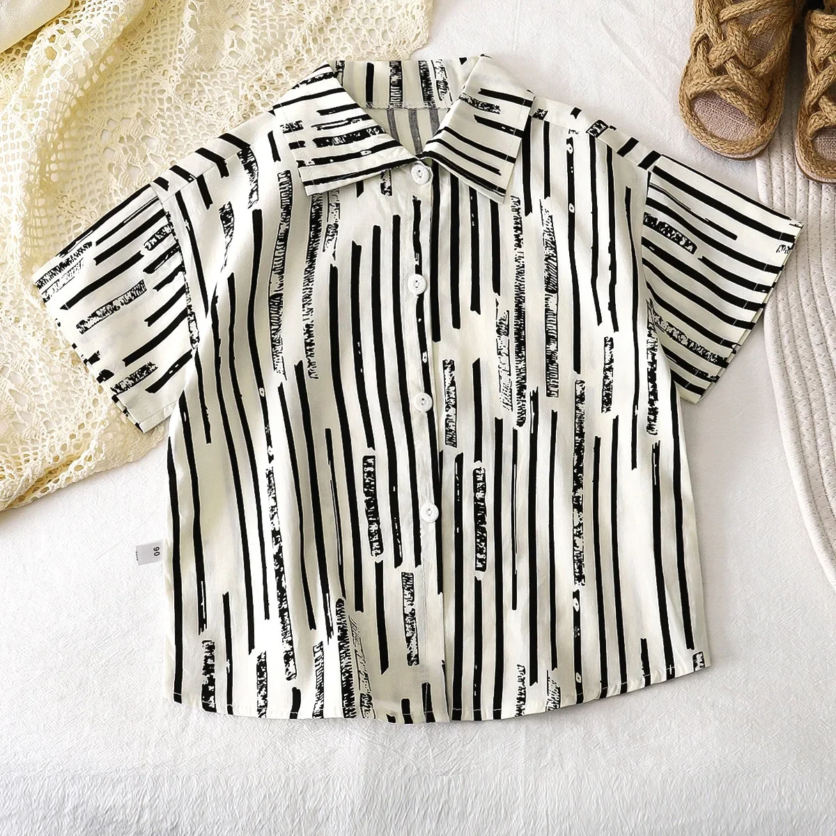 New 2025 Boys Summer Thin Beach Shirts Children's Cartoon Striped Letter Print Short Sleeve Lapel Shirt Top Kids Casual Clothing