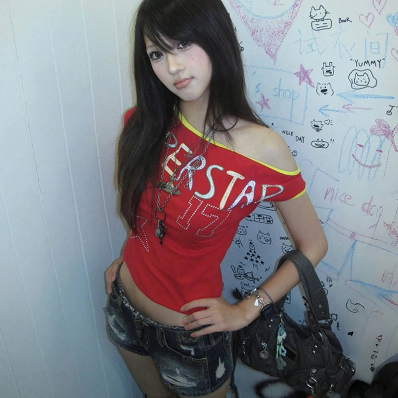 

Sexy Y2K Off Shoulder T Shirt Women Japanese Harajuku Vintage Letter Print Crop Tees Female Streetwear Retro Short Sleeve Tops