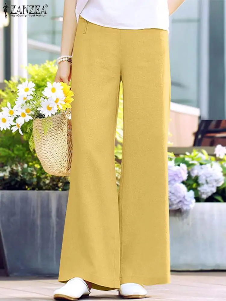 

ZANZEA Summer Trousers Women Elegant Work Pants Elastic Waist Baggy Pant Casual Loose Wide Leg Pantalon Stylish OL Party Palazzo