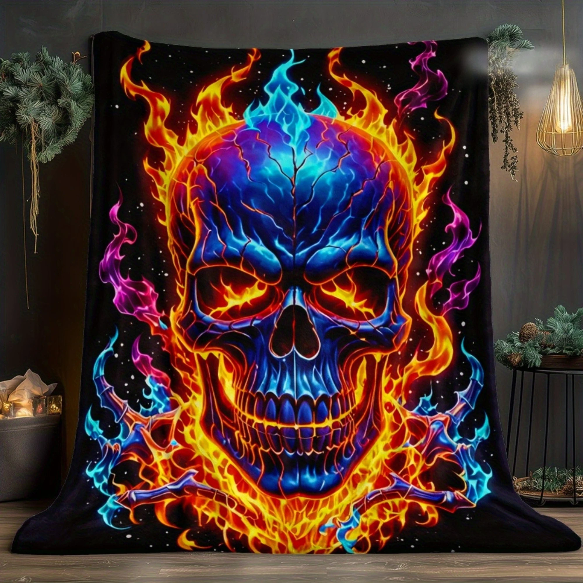 Vibrant Colorful Flame Skull Throw Blanket  Neon Fire Skeleton Dark Gothic Art Decor for Sofa Bedroom Blanket
