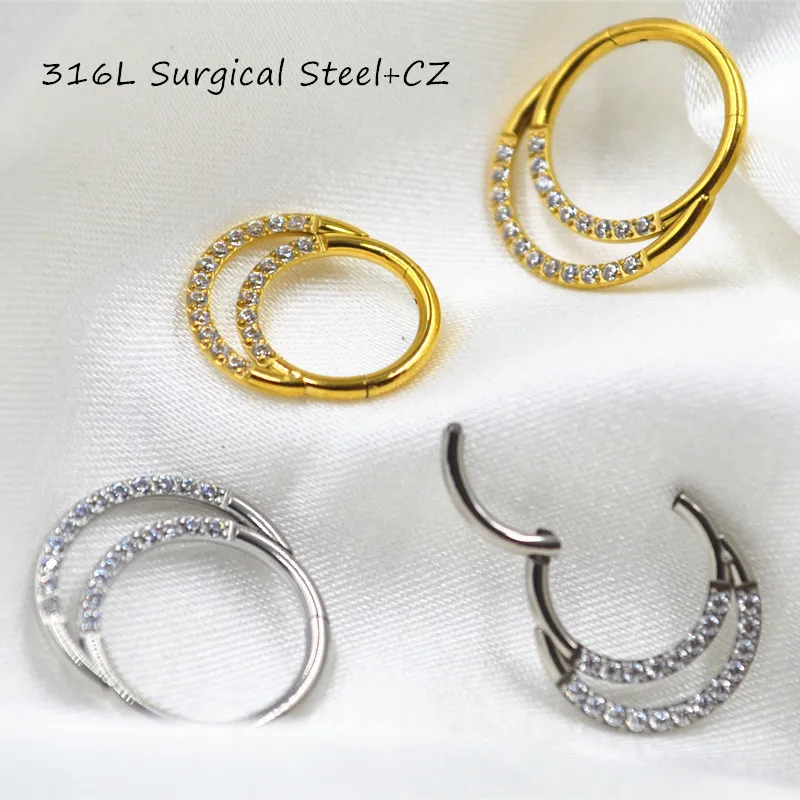 

10pcs/Lot 316L Surgical Steel CZ 2 Rings 16G Nose Seamless Hinged Segment Ring Clicker Ear Cartilage Nose Hoop Septum Shine