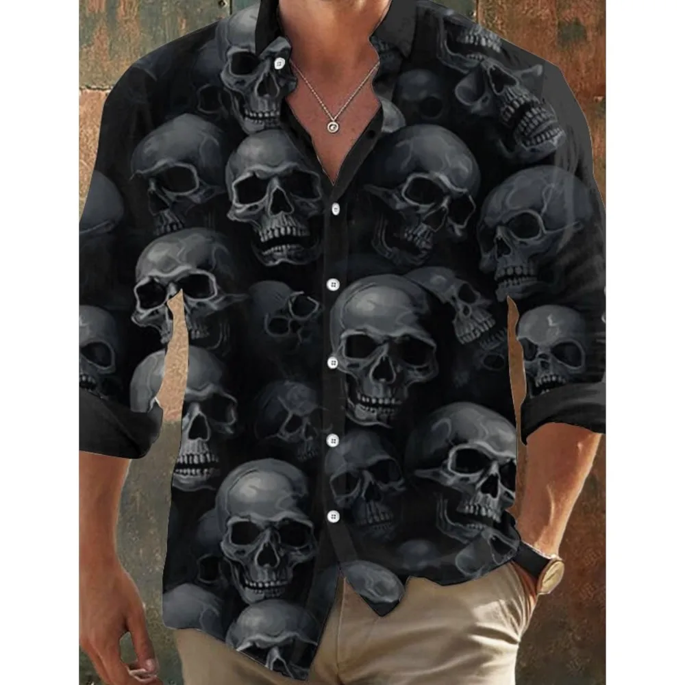 

2026 Men's Vintage Dark Skull Print Long Sleeve Shirt Skull Print Regular Fit Lapel Collar Polyester Blend Halloween Party