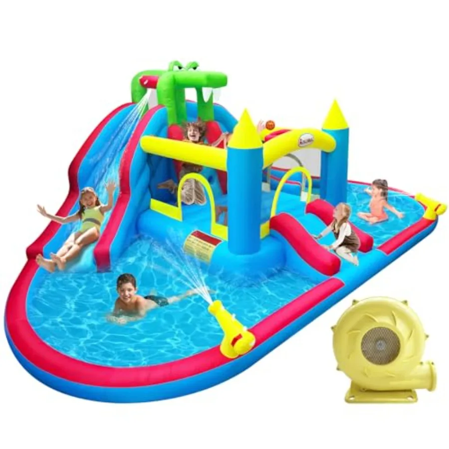 

Inflatable Bounce House with Double Water Slide Crocodile Styling Blue and Yellow Double Water Cannon Climbing Wall Ball Pit Ai