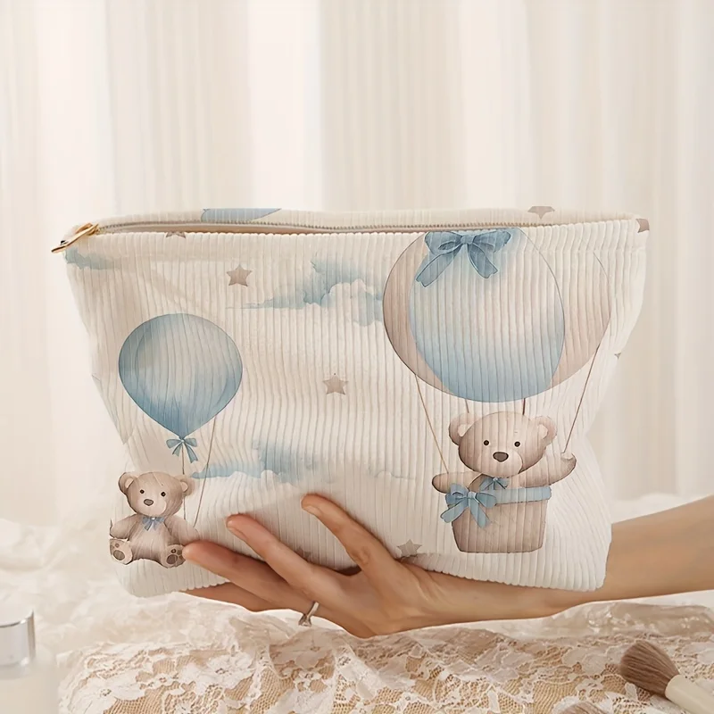 Blue Teddy Bear Balloon Corduroy Cosmetic Bag Cute Animal Zipper Makeup Pouch Large Capacity Travel Toiletry Storage Bag Women