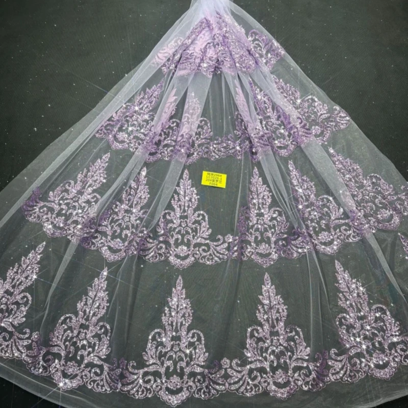 

2026 Purple Hot Sale Fadhion Design Africa Glitter Fabric Embroidery Net Lace With Glued Glitter Sequins Wedding Or Party Dress