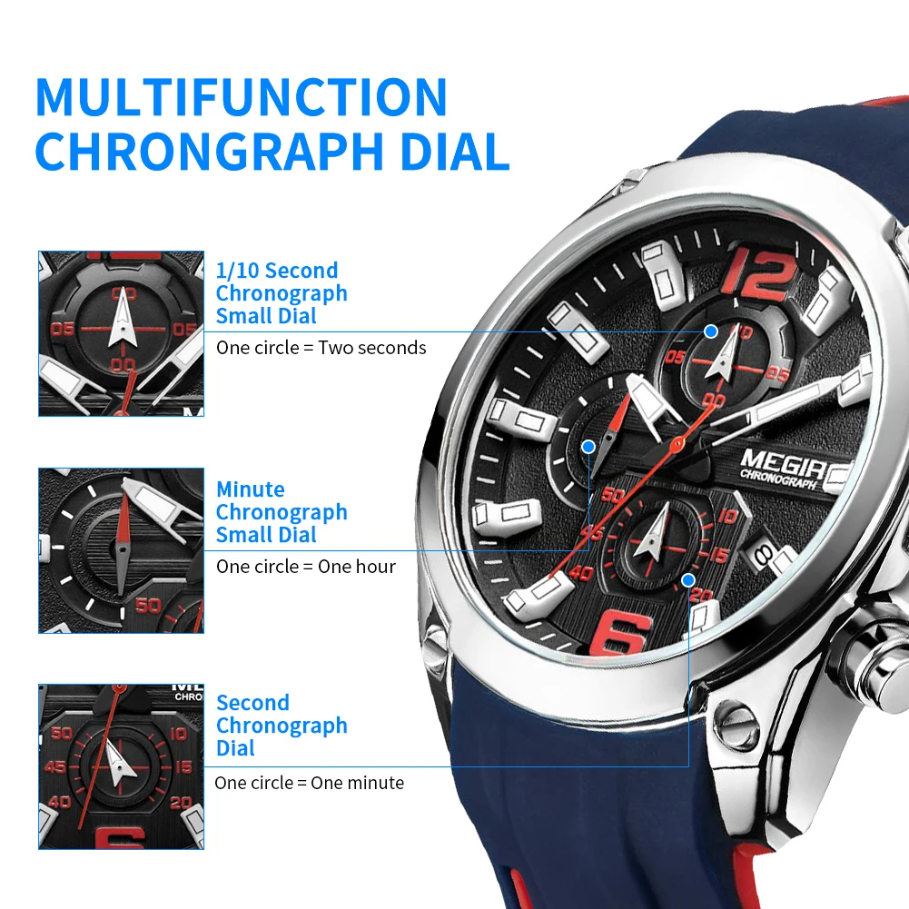 Megir 2063 Chronograph Analog Quartz Watch with Date, Luminous Hands, Waterproof Silicone Rubber Strap Stainless Steel  Wristswa