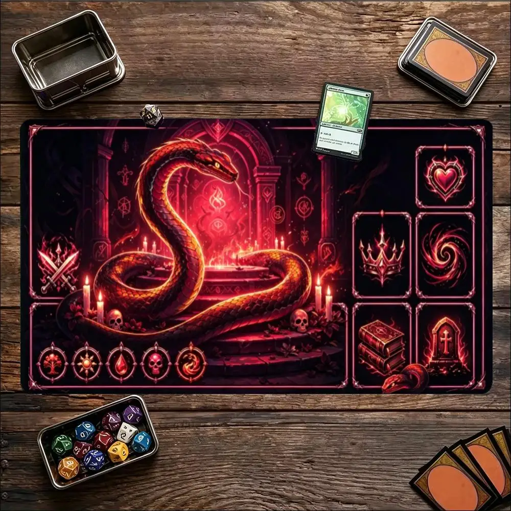 Red Serpent Dark Temple Candle Skull Glowing Rune Large Gaming Playmat Non Slip Rubber Base XXL Desk Mat for Dark Fantasy Gamers