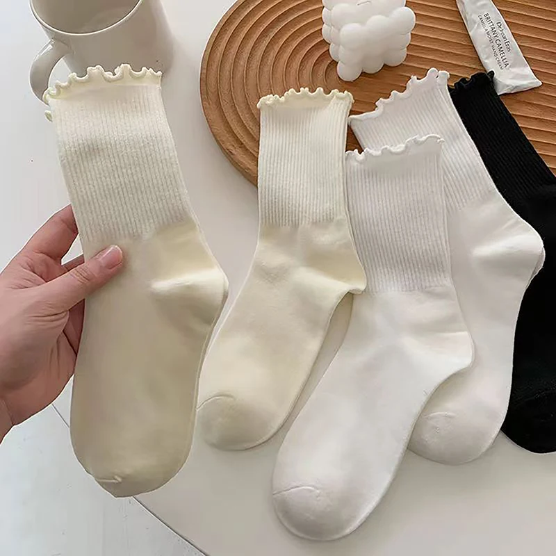 2 Pairs Ruffled Socks Women's Lolita Cute Kawaii Stockings Girls Spring Black And White Mid-calf Socks