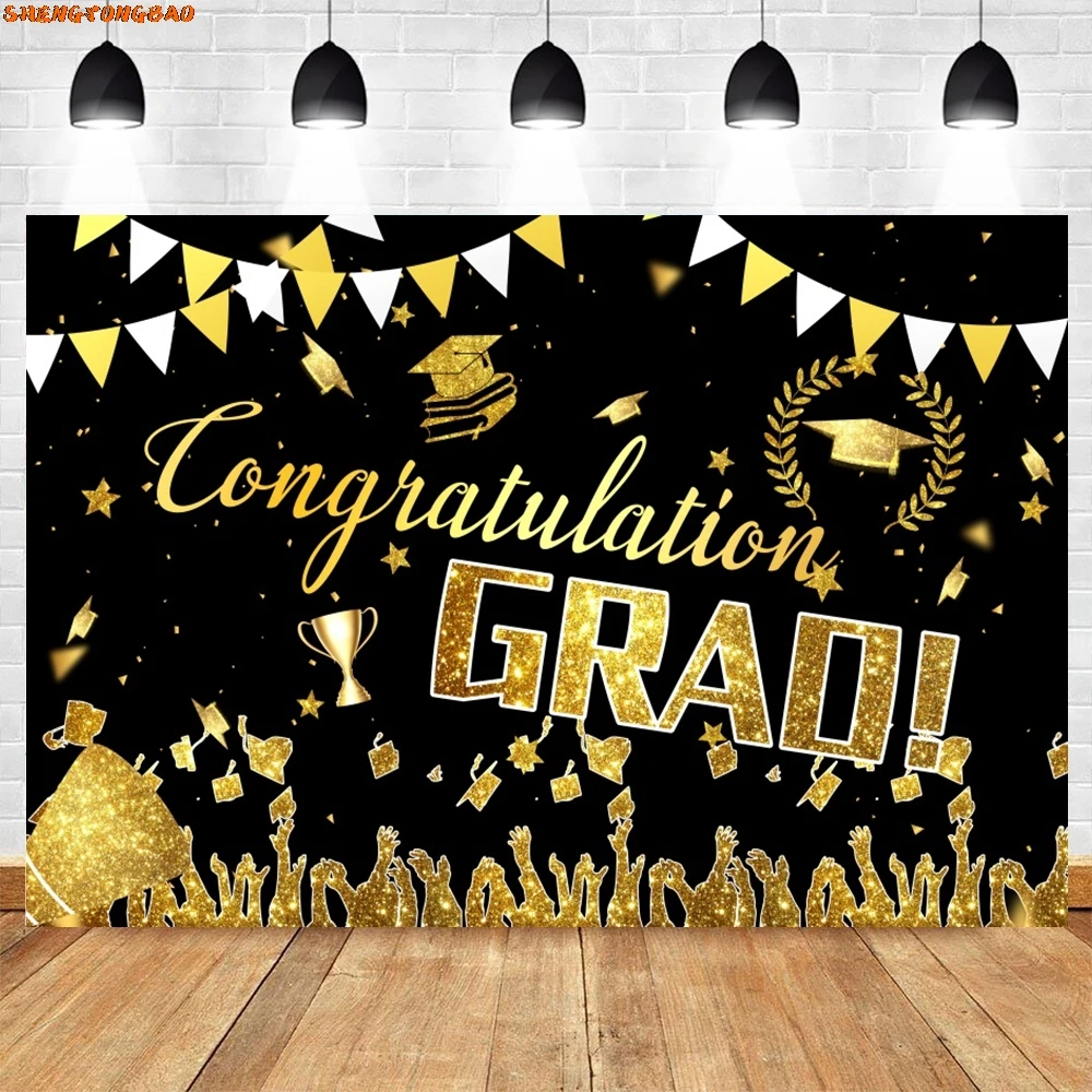 ขอแสดงความยินดี Grad การถ่ายภาพฉากหลังทอง Glitter บอลลูนหมวก Graduation Class 2024 Party Photocall ภาพพื้นหลัง