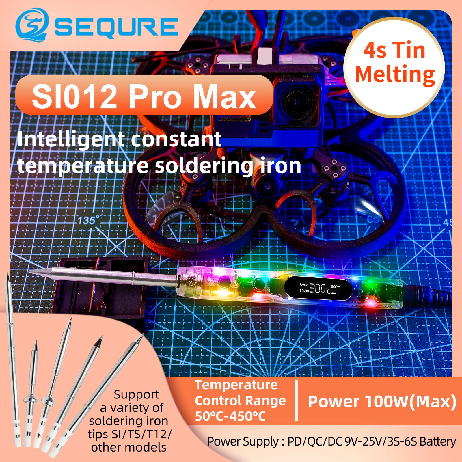 Sequre Si012 Pro Max przenośna lutownica z lampką Led, angielski | Rosyjskie Menu odpowiednie dla T12 | ts | si Tip obsługuje Pd | qc