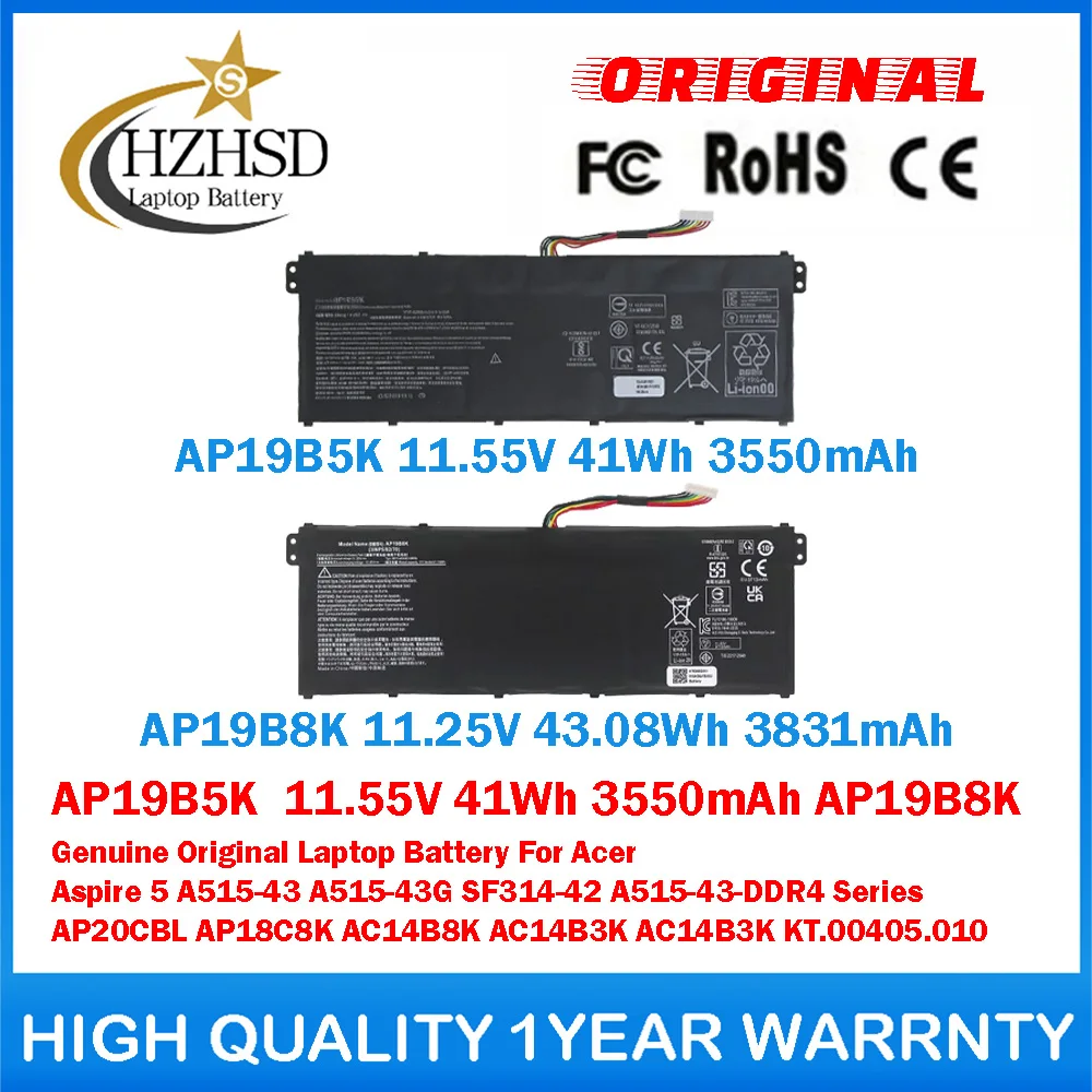 AP19B5K 11.55V 41Wh AP19B8K 11.25V 43.08Wh Genuine Original Laptop Battery For Acer Aspire 5 A515-43 A515-43G SF314-42 AP20CBL