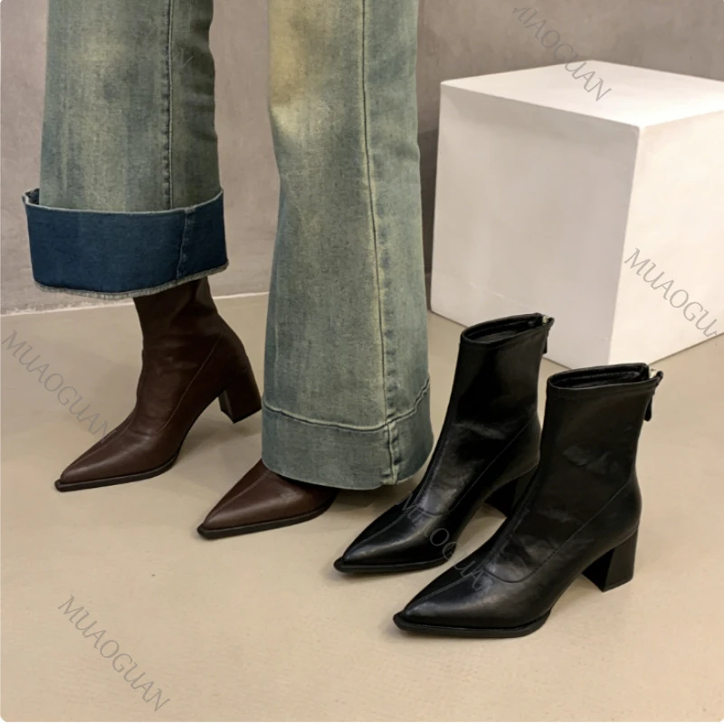 

Модные винтажные женские ботильоны на толстом каблуке, элегантная обувь с острым носком, короткие сапоги для вечеринок, удобная уличная обувь