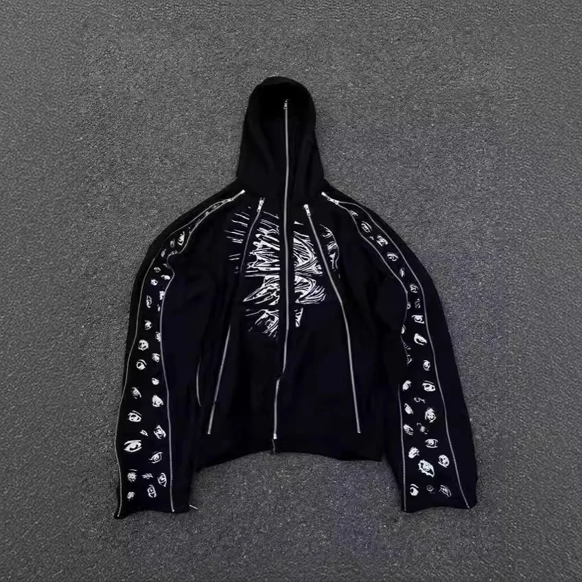 

American new street trend high craftsmanship dark Harajuku Y2K zipper with hat loose men's and women's same sweater