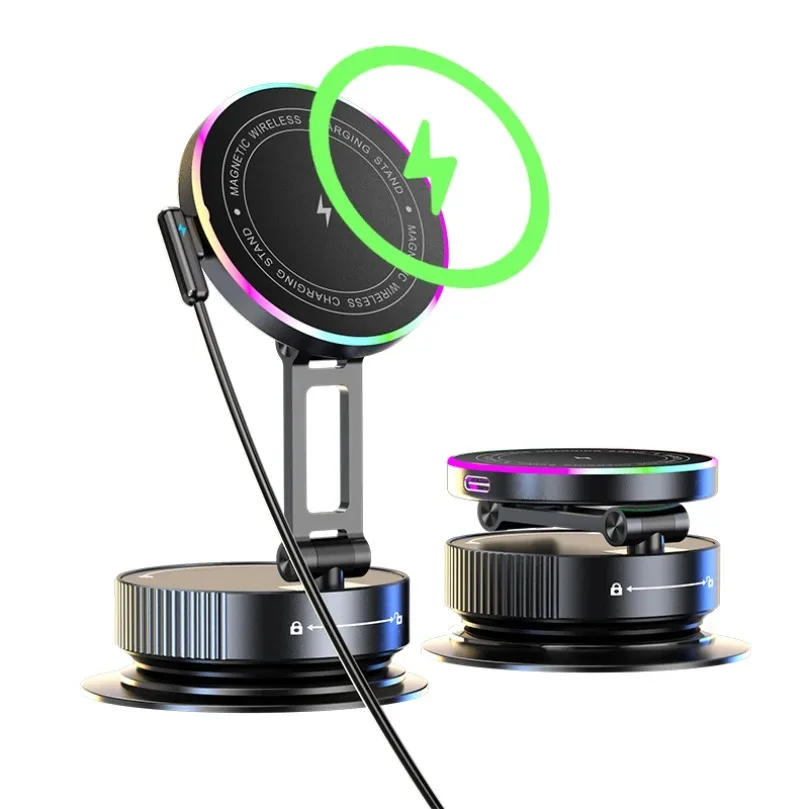 Car Magnetic Wireless Charger RGB Light  Stand Folding Vacuum Suction Cup Phone Holder For iPhone 17 16 15 14 13 12 Fast Chargin
