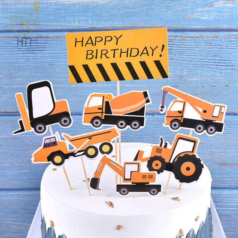 7/8pcs Construction Vehicle Cupcake Topper Boys Birthday Party Decorations Engineering Truck Cake Decorating Supply Baby Shower