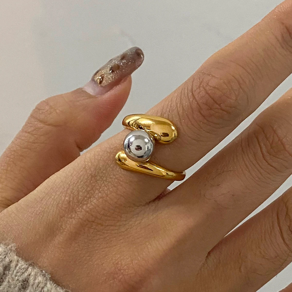 18K PVD Plated Gold Silver Color Matching Ball Three layer Opening Ring Women Anti Allergic Metal Charm Daily Jewelry